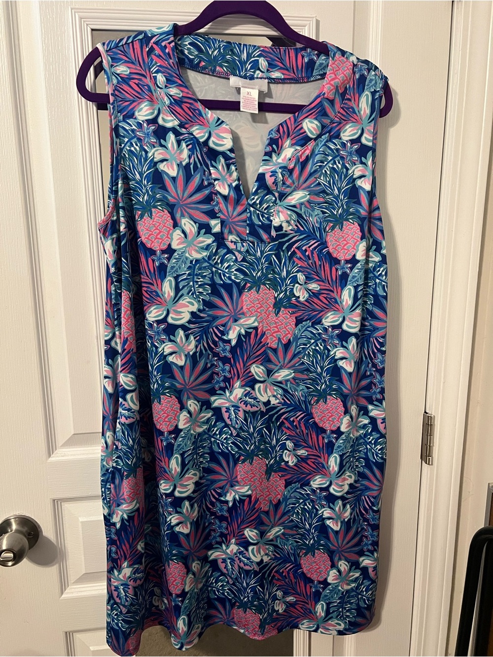 Sleeveless Tropical Print Midi Dress in Blue & Pink